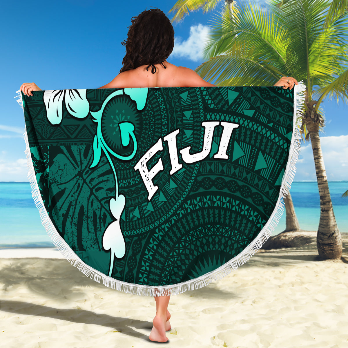 Fiji Masi Beach Blanket Fijian Hibiscus Tapa Turquoise Version LT01 - Polynesian Pride