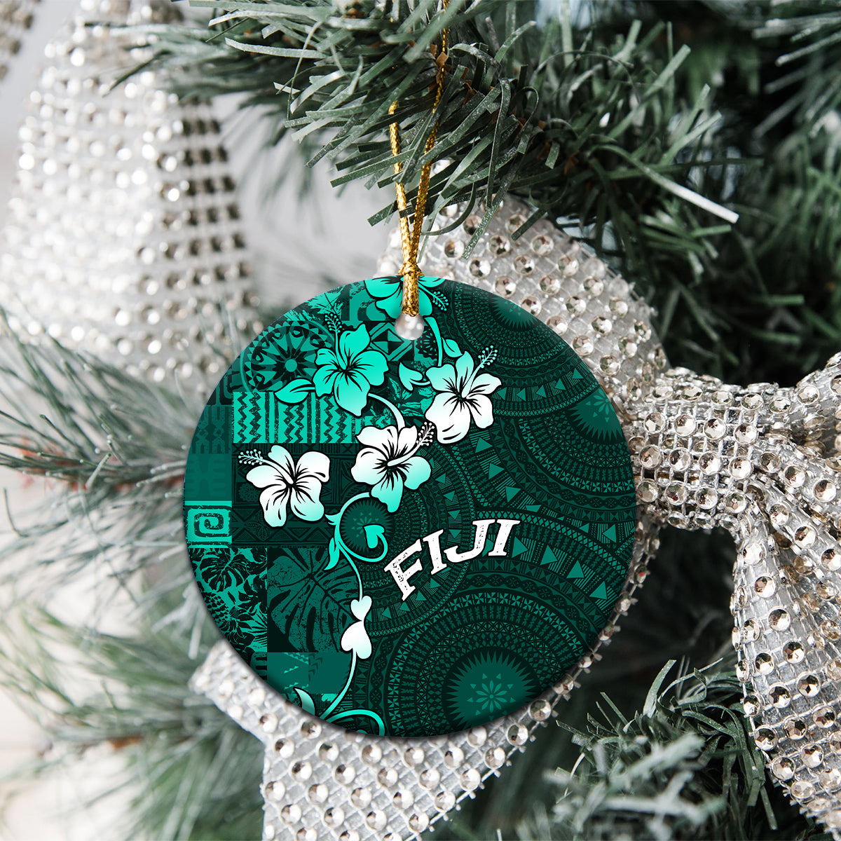 Fiji Masi Ceramic Ornament Fijian Hibiscus Tapa Turquoise Version LT01 - Polynesian Pride