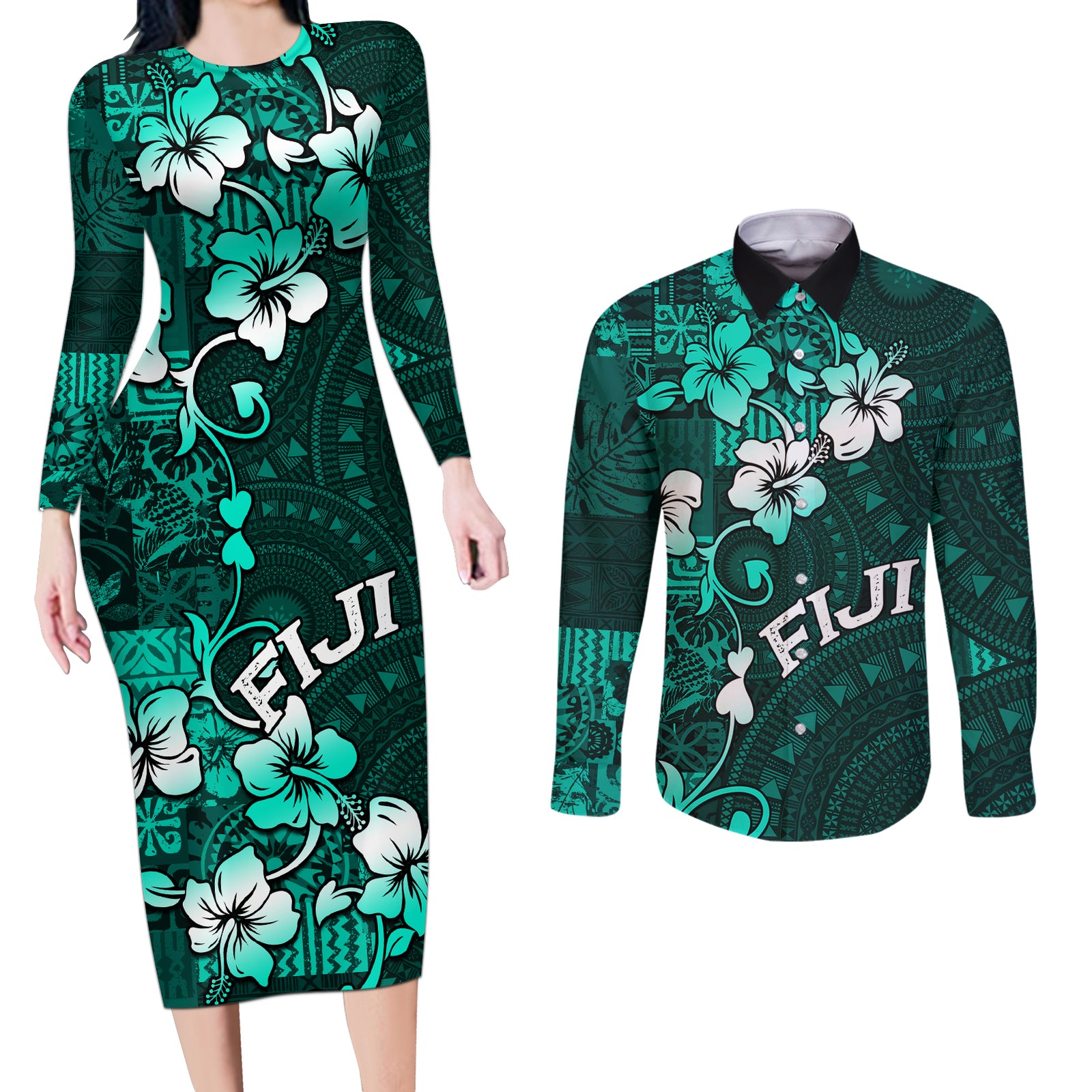 Fiji Masi Couples Matching Long Sleeve Bodycon Dress and Long Sleeve Button Shirt Fijian Hibiscus Tapa Turquoise Version LT01 Turquoise - Polynesian Pride