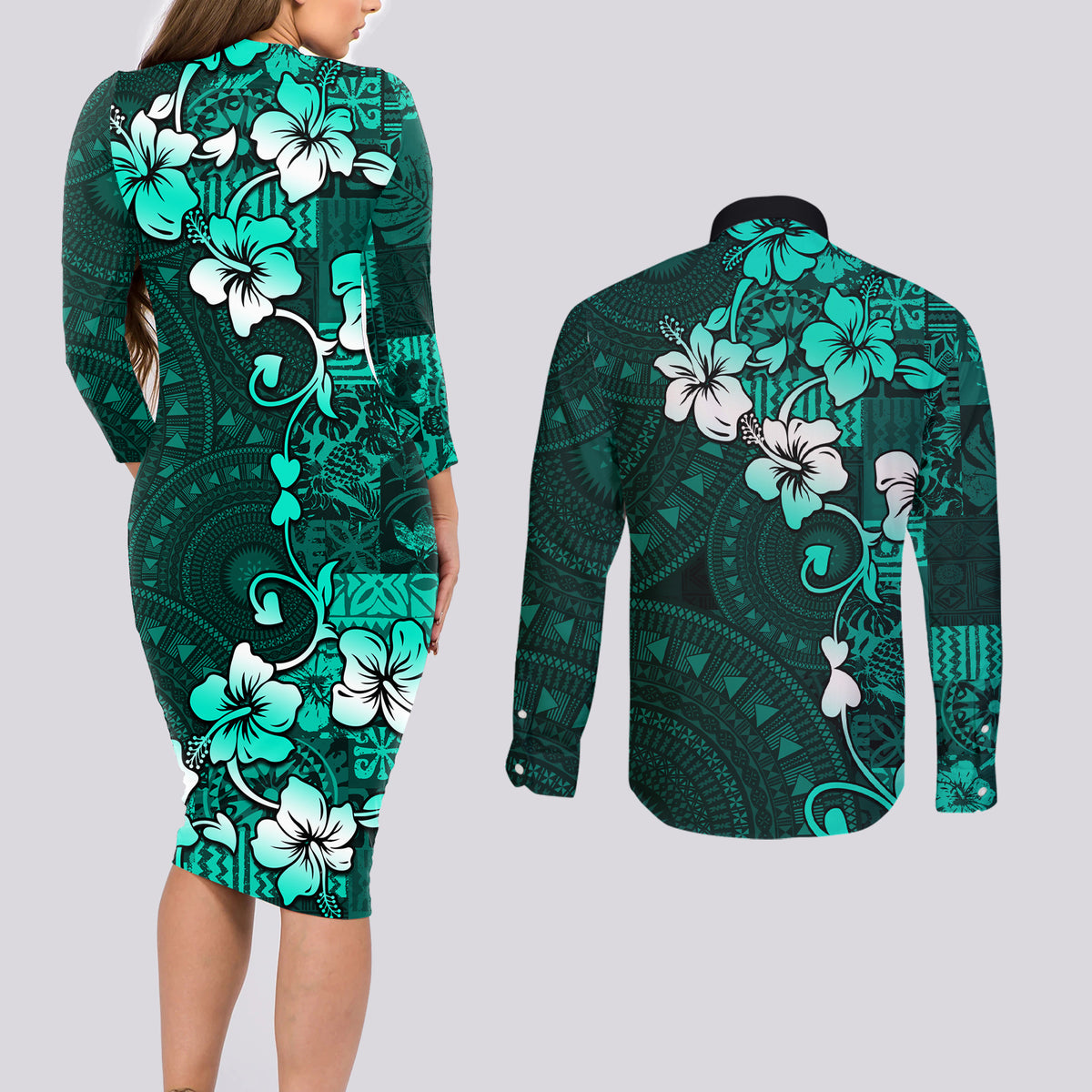Fiji Masi Couples Matching Long Sleeve Bodycon Dress and Long Sleeve Button Shirt Fijian Hibiscus Tapa Turquoise Version LT01 - Polynesian Pride