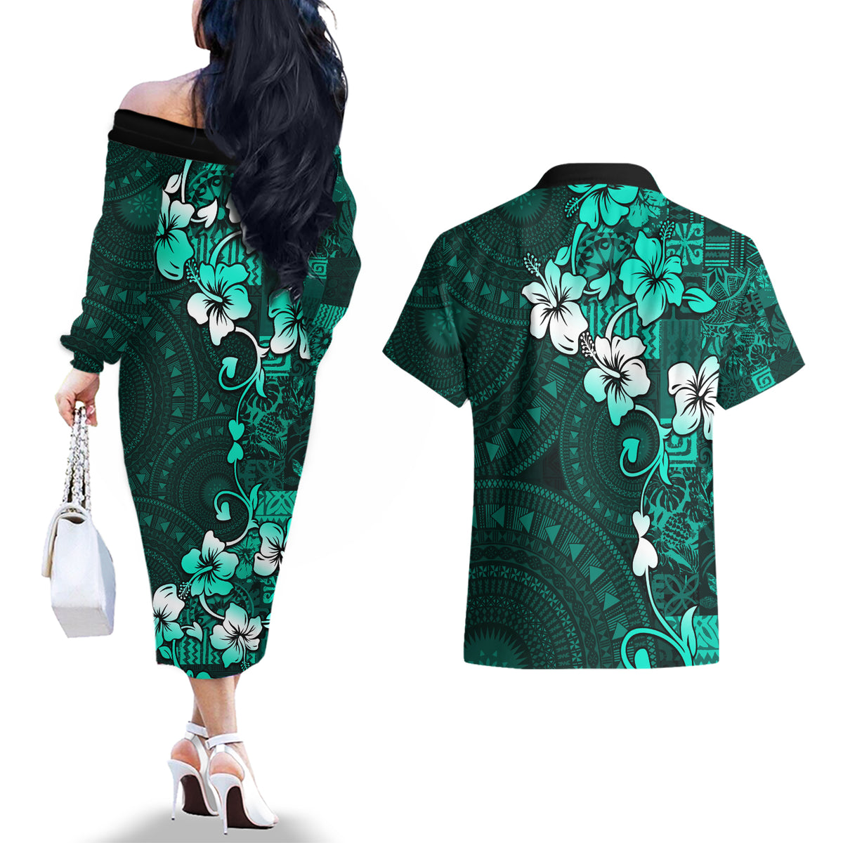 Fiji Masi Couples Matching Off The Shoulder Long Sleeve Dress and Hawaiian Shirt Fijian Hibiscus Tapa Turquoise Version LT01 - Polynesian Pride