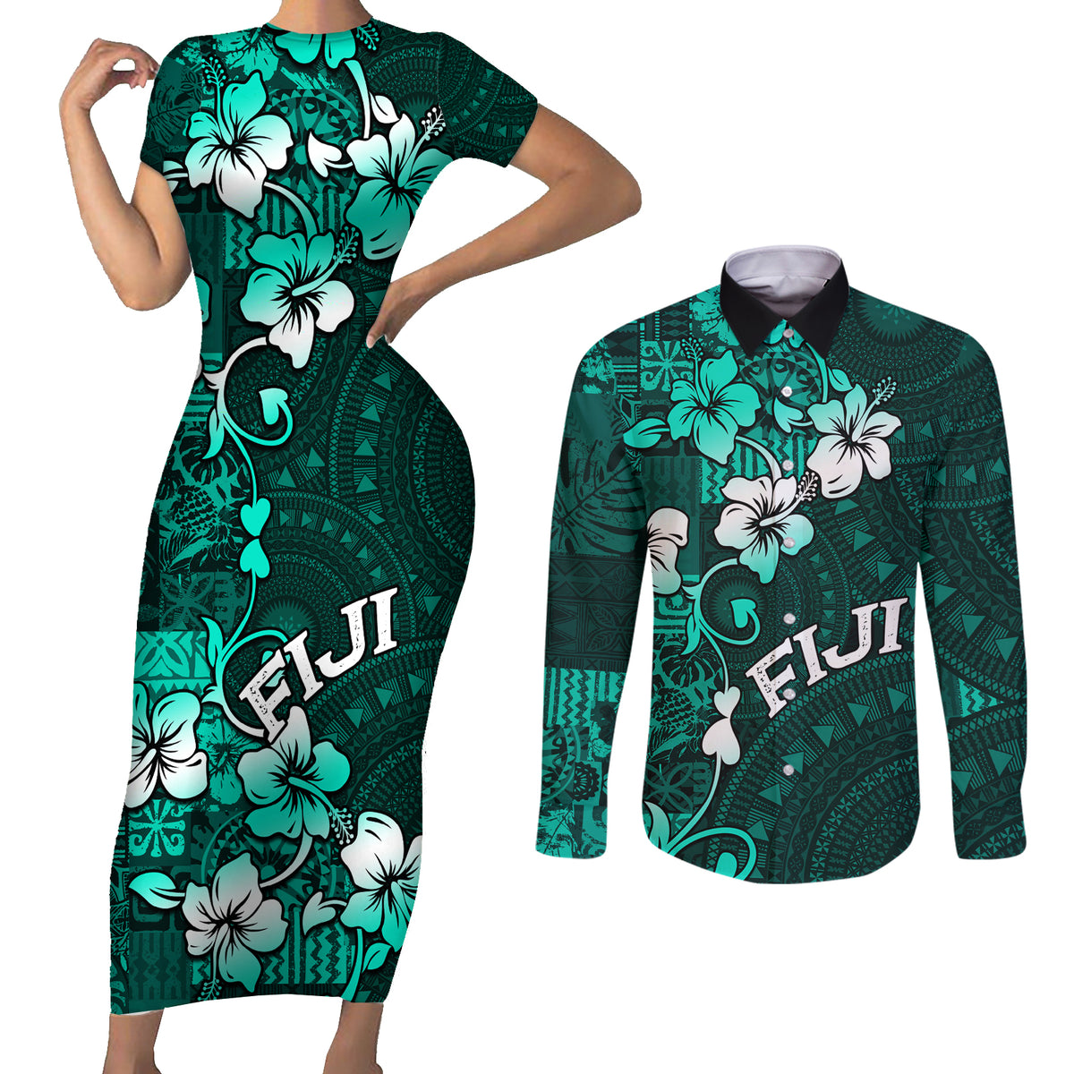 Fiji Masi Couples Matching Short Sleeve Bodycon Dress and Long Sleeve Button Shirt Fijian Hibiscus Tapa Turquoise Version LT01 Turquoise - Polynesian Pride