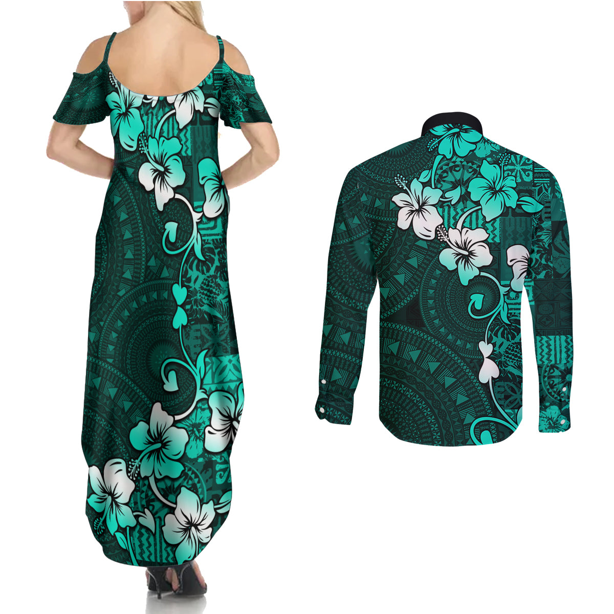 Fiji Masi Couples Matching Summer Maxi Dress and Long Sleeve Button Shirt Fijian Hibiscus Tapa Turquoise Version LT01 - Polynesian Pride