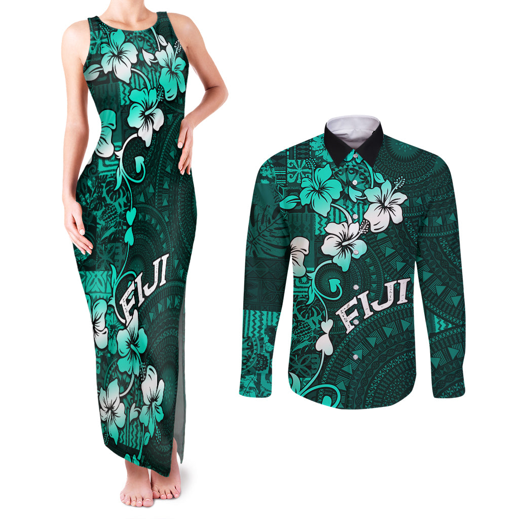 Fiji Masi Couples Matching Tank Maxi Dress and Long Sleeve Button Shirt Fijian Hibiscus Tapa Turquoise Version LT01 Turquoise - Polynesian Pride
