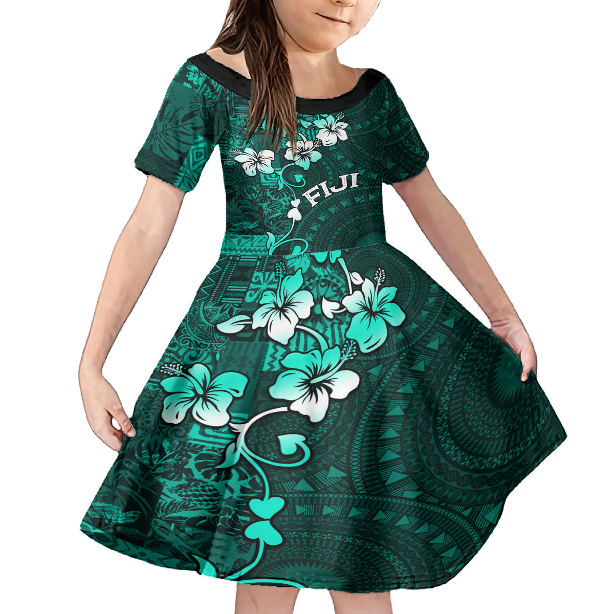 Fiji Masi Family Matching Off Shoulder Short Dress and Hawaiian Shirt Fijian Hibiscus Tapa Turquoise Version LT01 Daughter's Dress Turquoise - Polynesian Pride