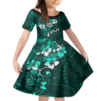 Fiji Masi Family Matching Off Shoulder Short Dress and Hawaiian Shirt Fijian Hibiscus Tapa Turquoise Version LT01 Daughter's Dress Turquoise - Polynesian Pride