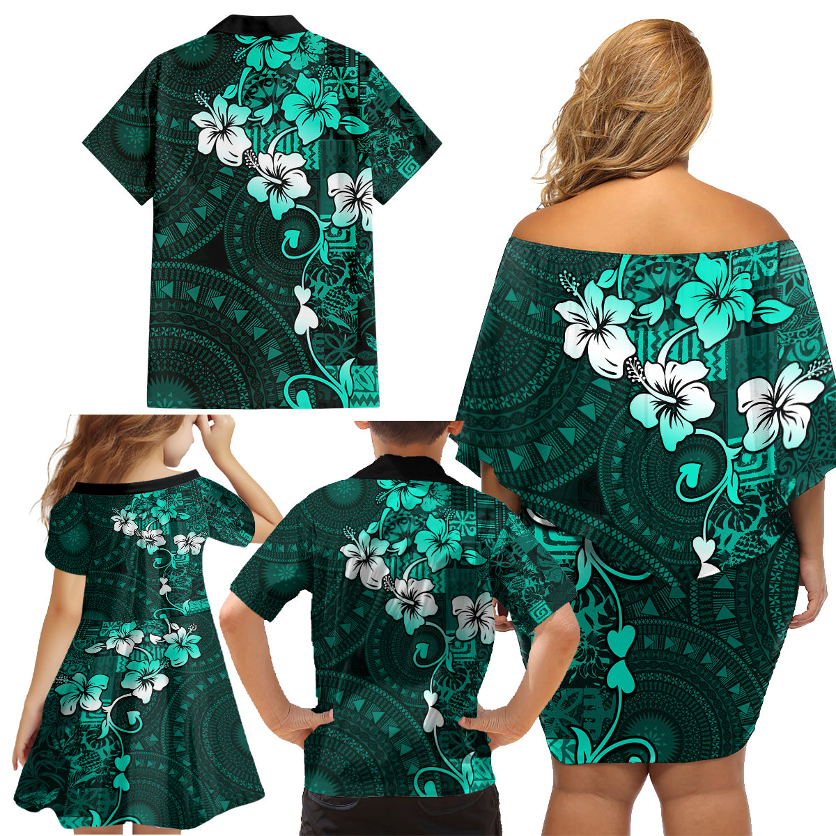 Fiji Masi Family Matching Off Shoulder Short Dress and Hawaiian Shirt Fijian Hibiscus Tapa Turquoise Version LT01 - Polynesian Pride
