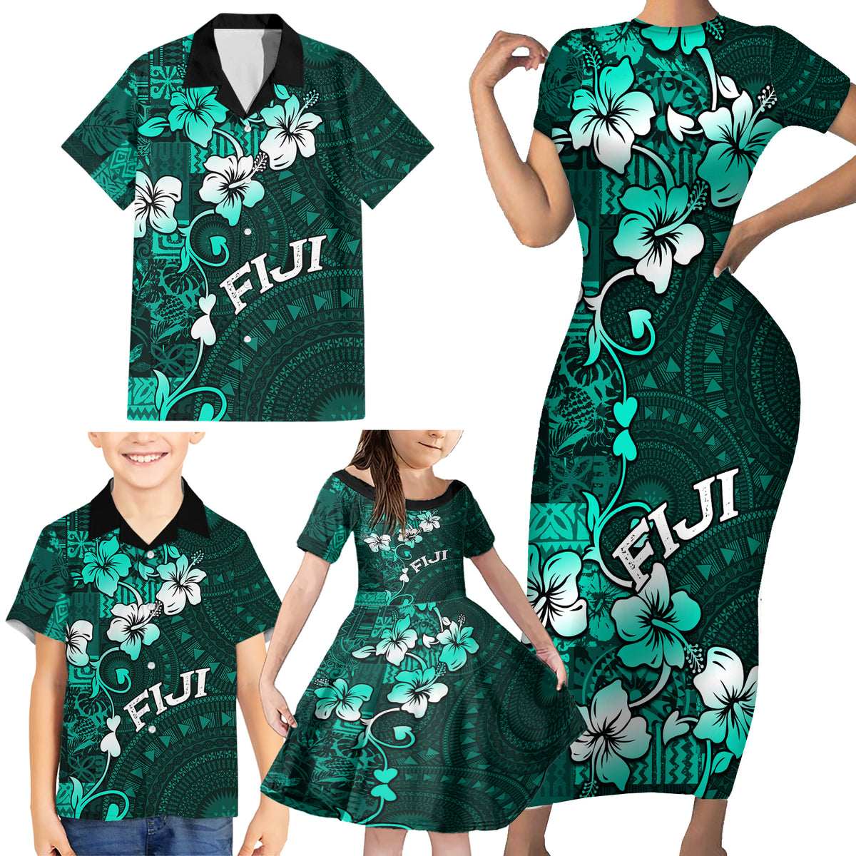 Fiji Masi Family Matching Short Sleeve Bodycon Dress and Hawaiian Shirt Fijian Hibiscus Tapa Turquoise Version LT01 - Polynesian Pride