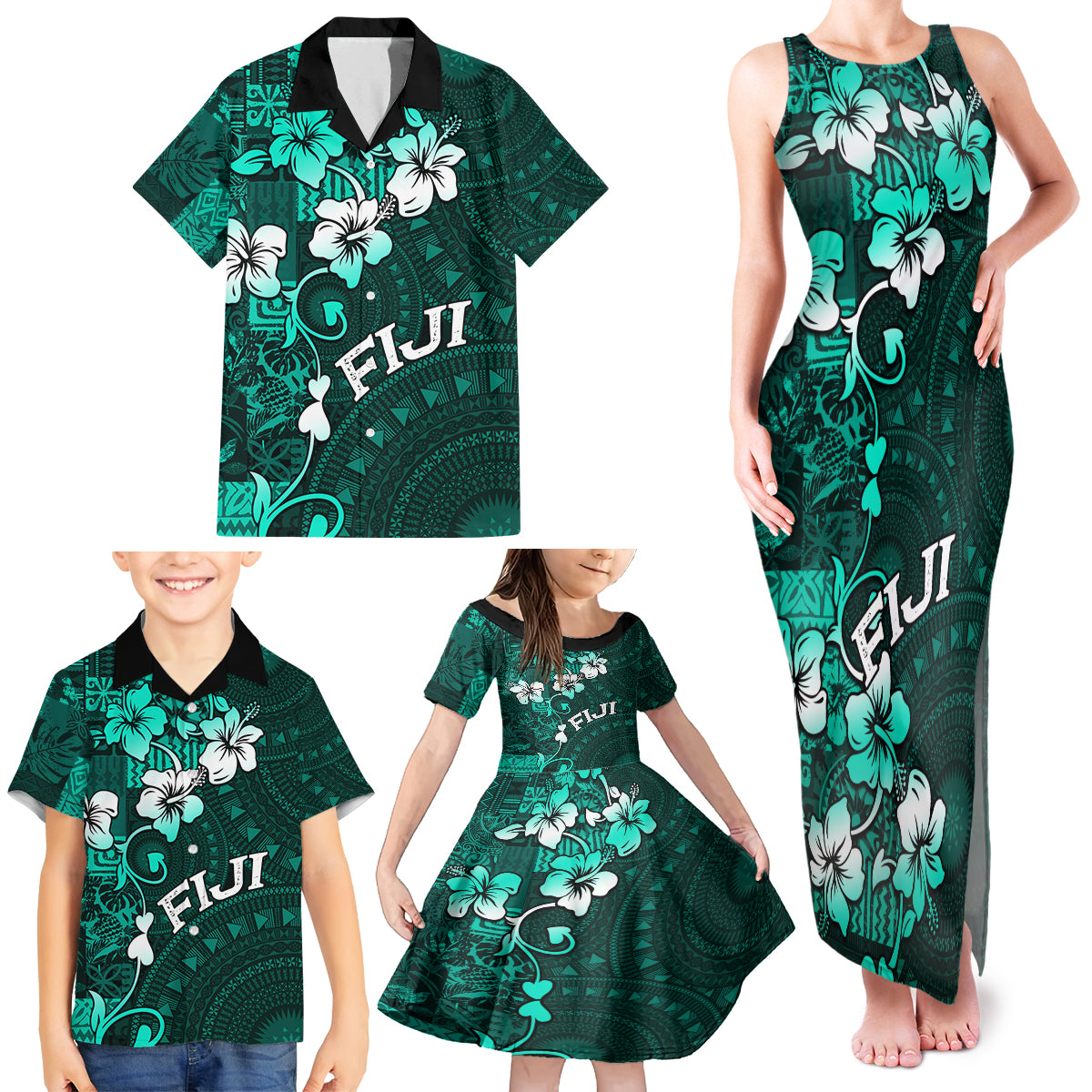 Fiji Masi Family Matching Tank Maxi Dress and Hawaiian Shirt Fijian Hibiscus Tapa Turquoise Version LT01 - Polynesian Pride