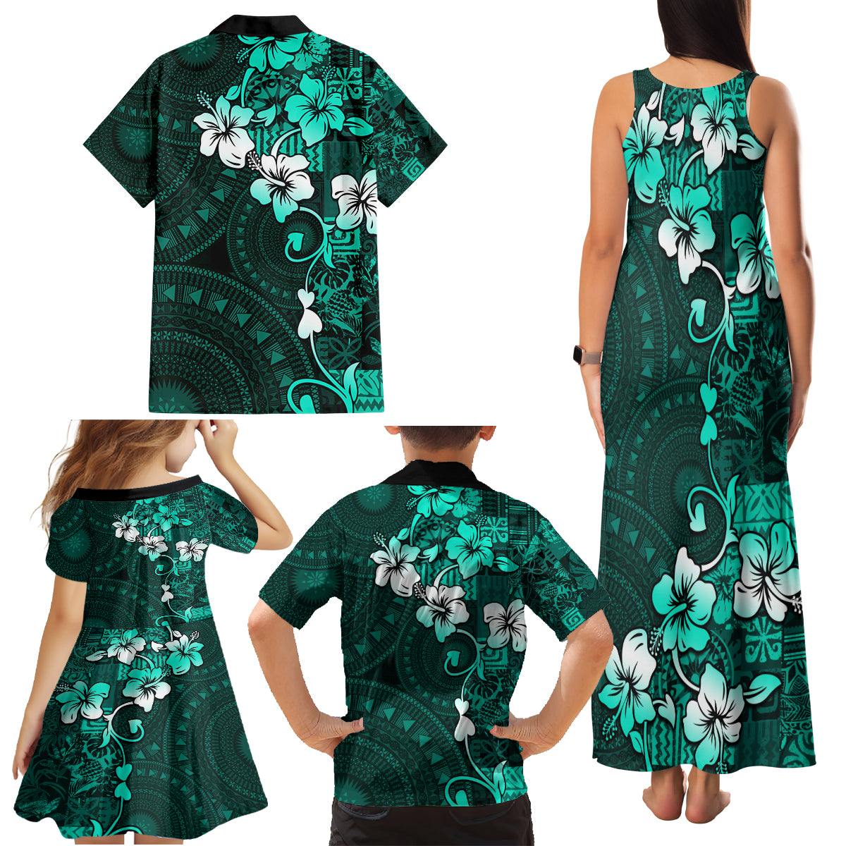 Fiji Masi Family Matching Tank Maxi Dress and Hawaiian Shirt Fijian Hibiscus Tapa Turquoise Version LT01 - Polynesian Pride