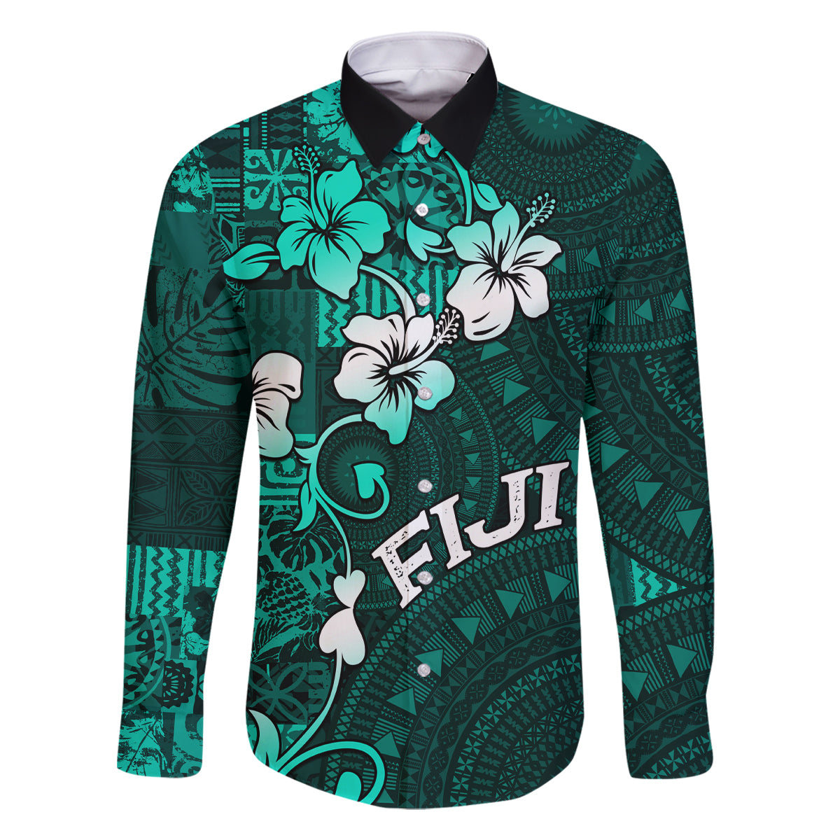 Fiji Masi Family Matching Tank Maxi Dress and Hawaiian Shirt Fijian Hibiscus Tapa Turquoise Version LT01 Dad's Shirt - Long Sleeve Turquoise - Polynesian Pride
