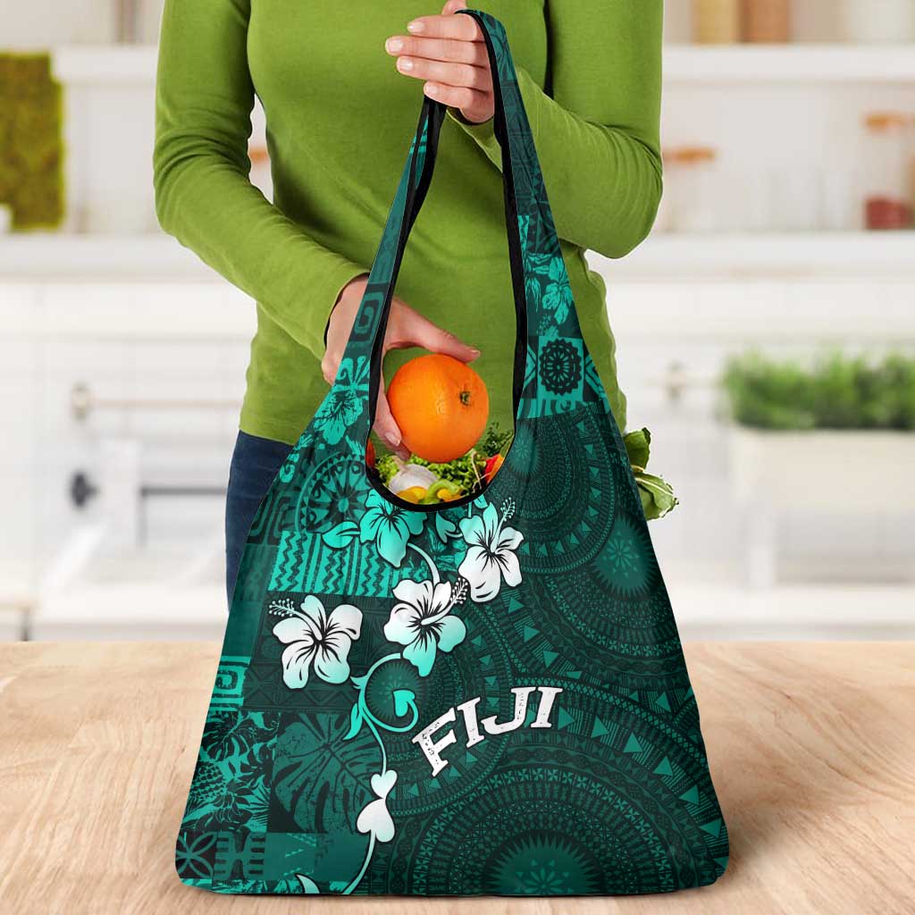 Fiji Masi Grocery Bag Fijian Hibiscus Tapa Turquoise Version