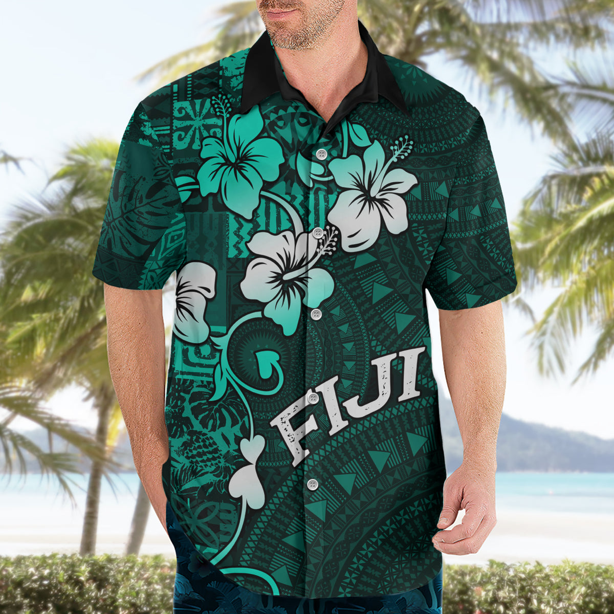 Fiji Masi Hawaiian Shirt Fijian Hibiscus Tapa Turquoise Version LT01 - Polynesian Pride