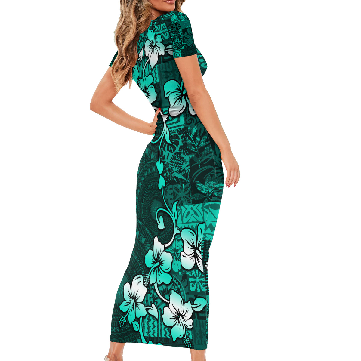 Fiji Masi Short Sleeve Bodycon Dress Fijian Hibiscus Tapa Turquoise Version LT01 - Polynesian Pride