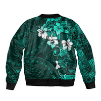 Fiji Masi Sleeve Zip Bomber Jacket Fijian Hibiscus Tapa Turquoise Version LT01 - Polynesian Pride