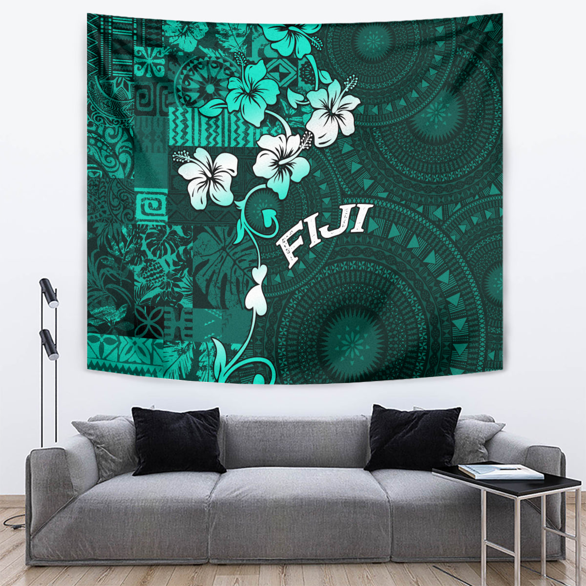 Fiji Masi Tapestry Fijian Hibiscus Tapa Turquoise Version LT01 - Polynesian Pride