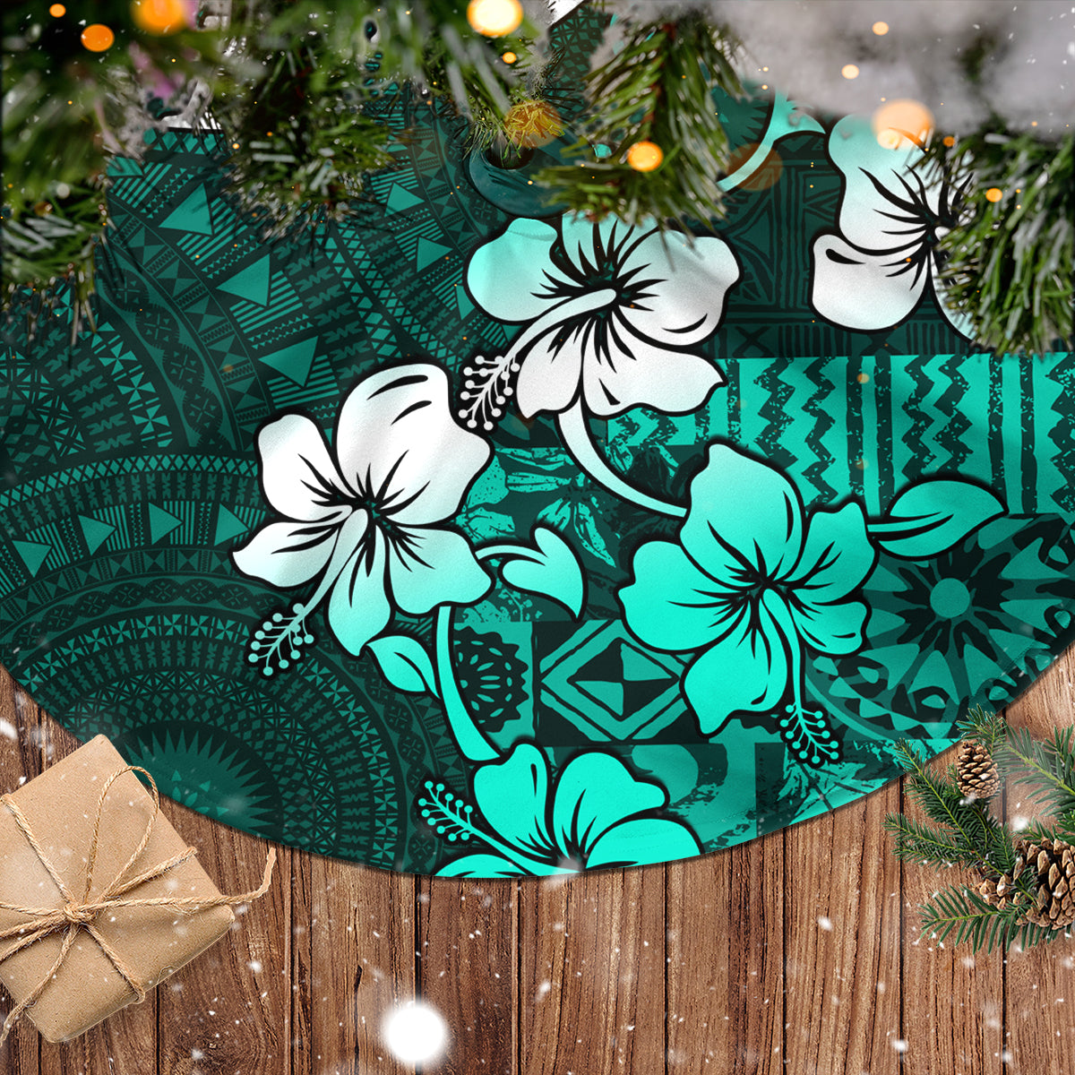 Fiji Masi Tree Skirt Fijian Hibiscus Tapa Turquoise Version LT01 - Polynesian Pride