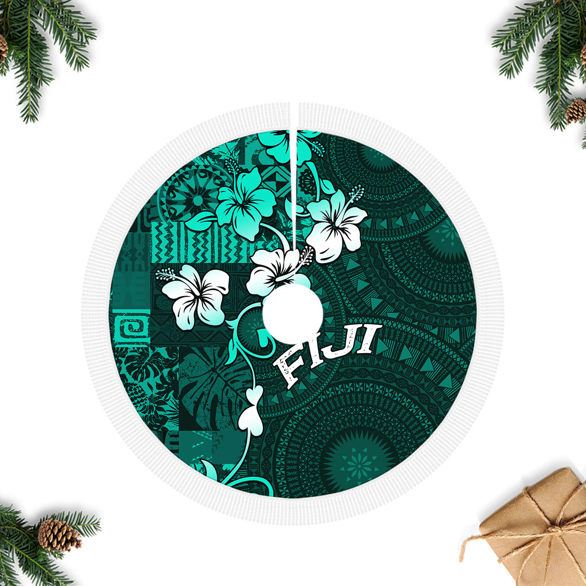 Fiji Masi Tree Skirt Fijian Hibiscus Tapa Turquoise Version LT01 Fringed Tree Skirts Turquoise - Polynesian Pride