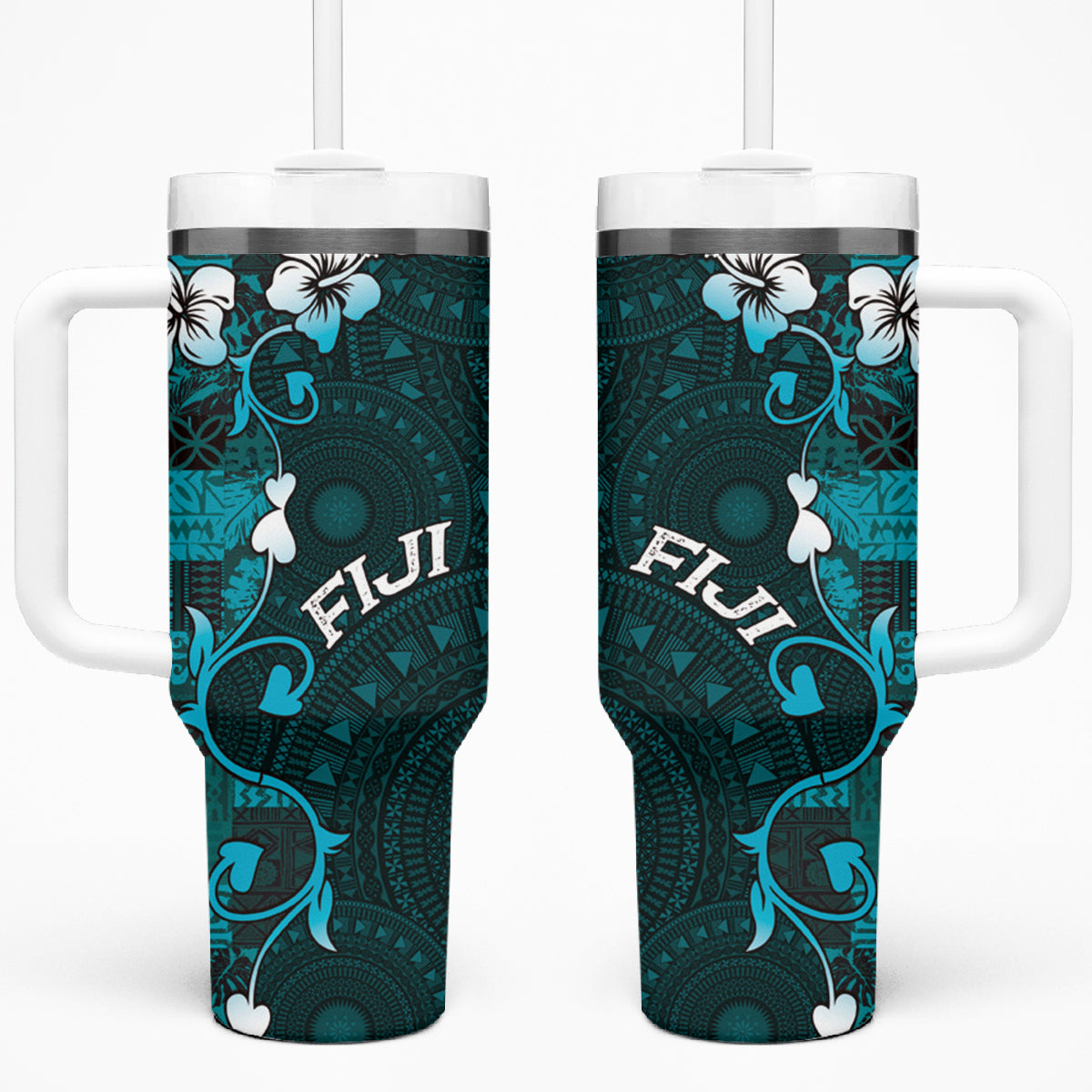 Fiji Masi Tumbler With Handle Fijian Hibiscus Tapa Turquoise Version