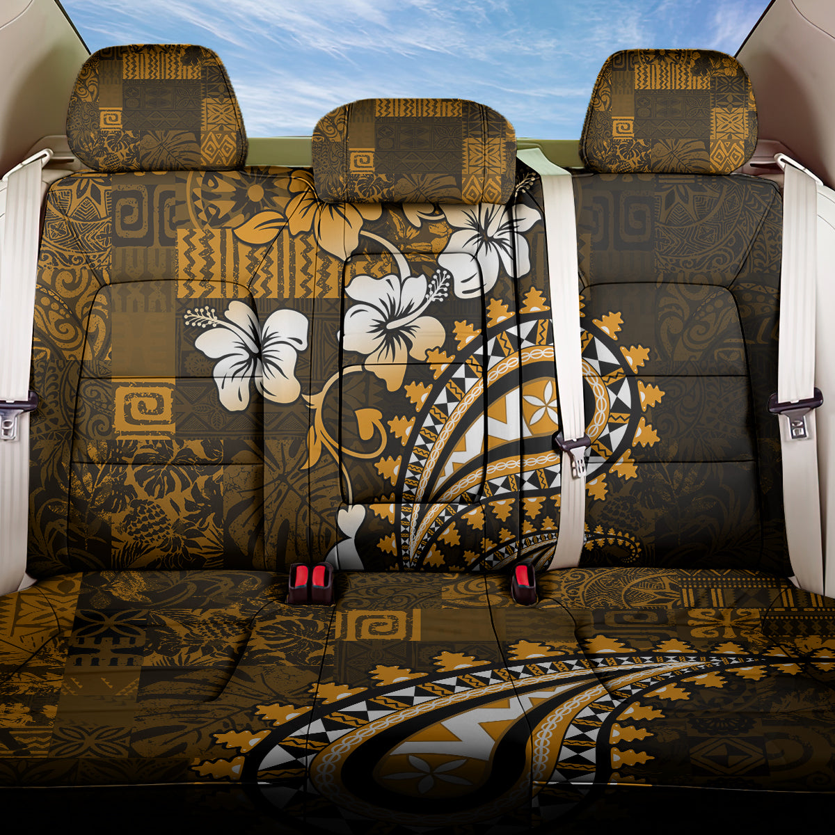 Fiji Masi Paisley With Hibiscus Tapa Back Car Seat Cover Gold Version LT01 One Size Gold - Polynesian Pride