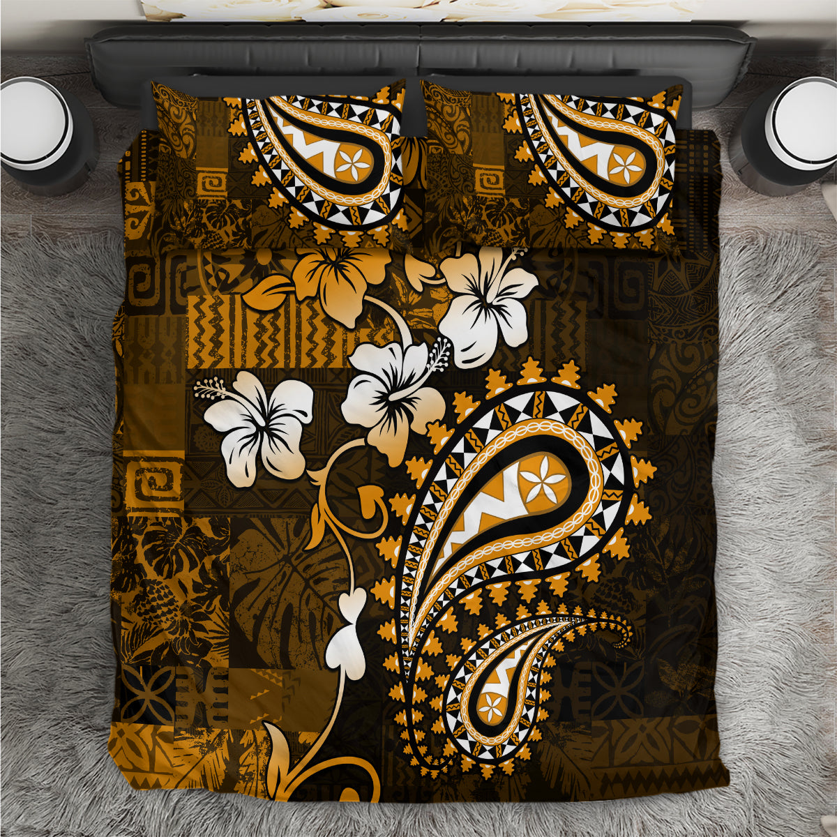 Fiji Masi Paisley With Hibiscus Tapa Bedding Set Gold Version LT01 Gold - Polynesian Pride