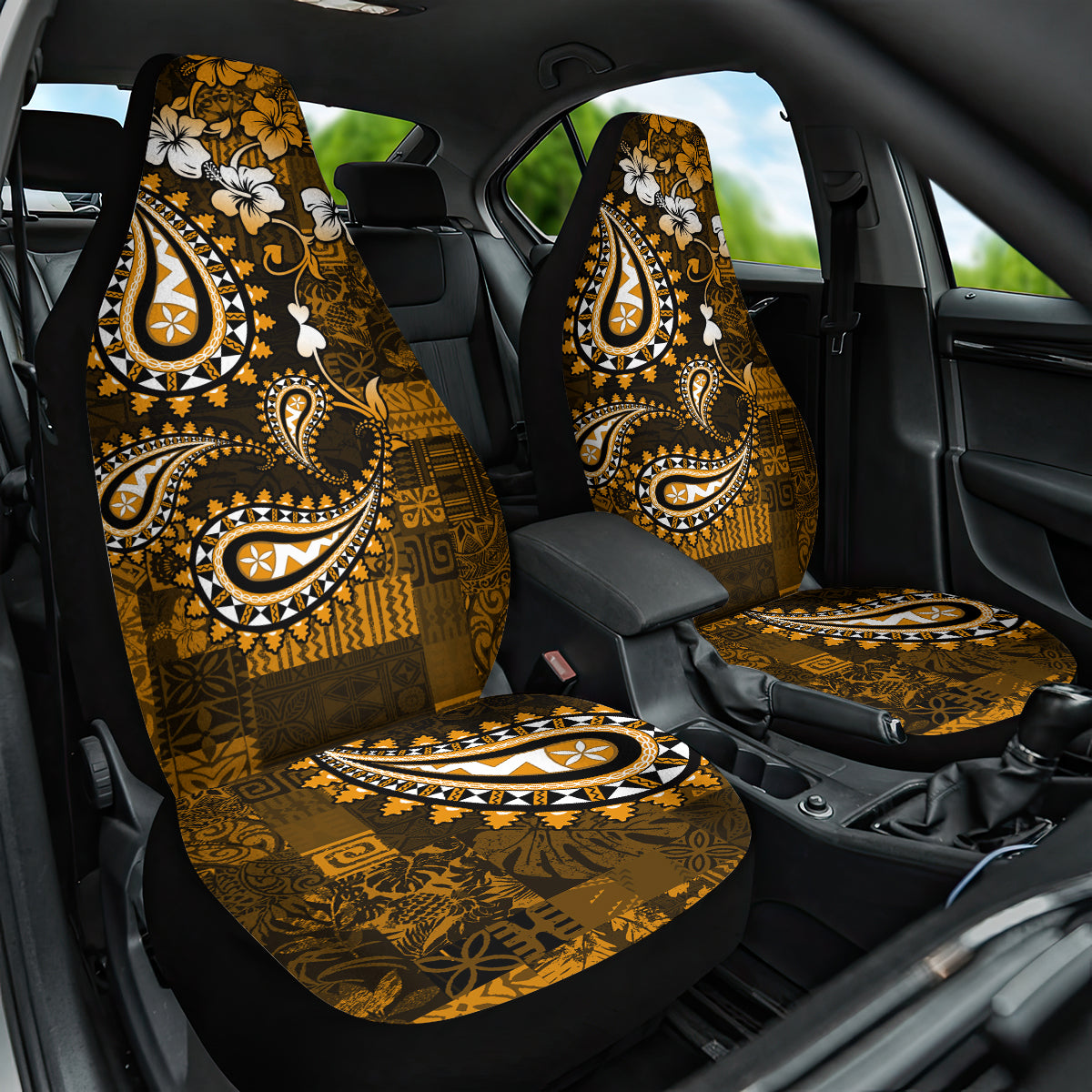 Fiji Masi Paisley With Hibiscus Tapa Car Seat Cover Gold Version LT01 One Size Gold - Polynesian Pride