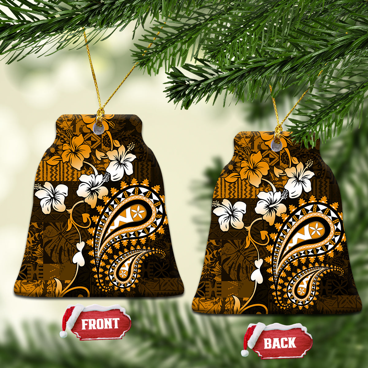 Fiji Masi Paisley With Hibiscus Tapa Ceramic Ornament Gold Version LT01 Bell Flake Gold - Polynesian Pride