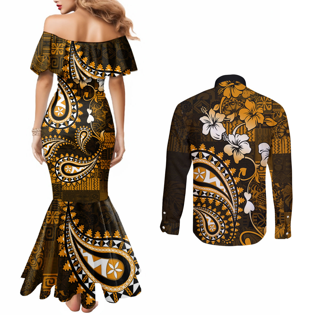 Fiji Masi Paisley With Hibiscus Tapa Couples Matching Mermaid Dress and Long Sleeve Button Shirt Gold Version LT01 - Polynesian Pride