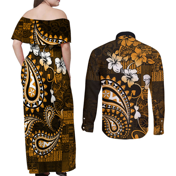 Fiji Couples Matching Summer Maxi Dress and Long Sleeve Button Shirts Bula Fijian Tapa Pattern LT01 main image 1