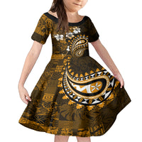 Fiji Masi Paisley With Hibiscus Tapa Family Matching Long Sleeve Bodycon Dress and Hawaiian Shirt Gold Version LT01 Daughter's Dress Gold - Polynesian Pride