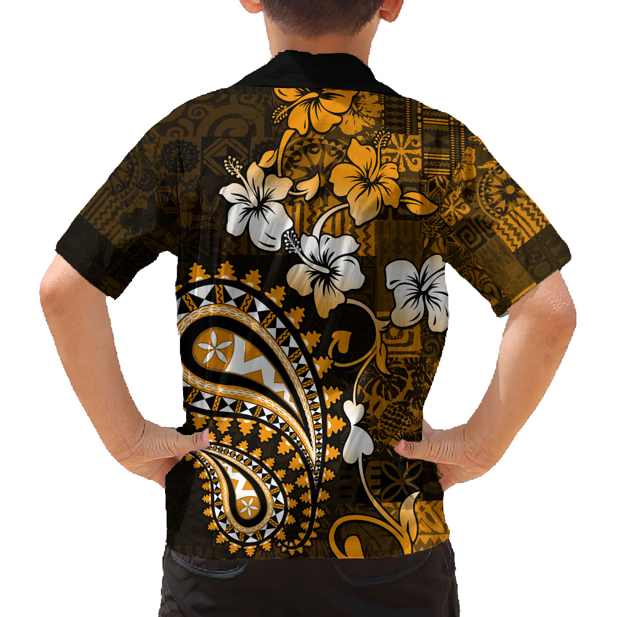 Fiji Masi Paisley With Hibiscus Tapa Family Matching Off Shoulder Short Dress and Hawaiian Shirt Gold Version LT01 - Polynesian Pride