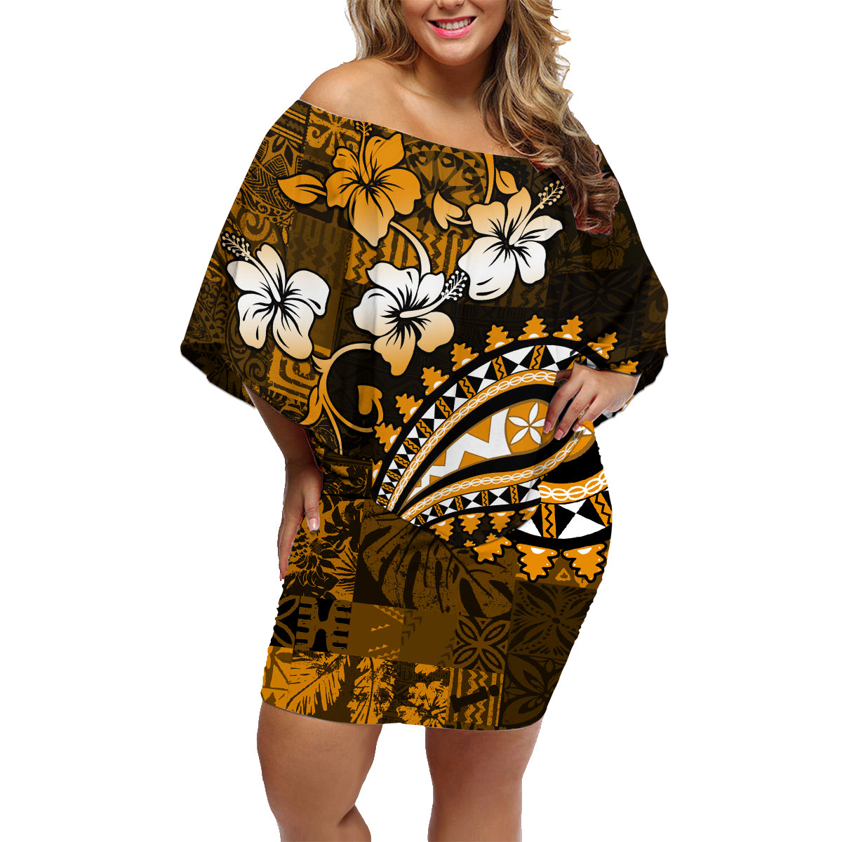 Fiji Masi Paisley With Hibiscus Tapa Family Matching Off Shoulder Short Dress and Hawaiian Shirt Gold Version LT01 Mom's Dress Gold - Polynesian Pride