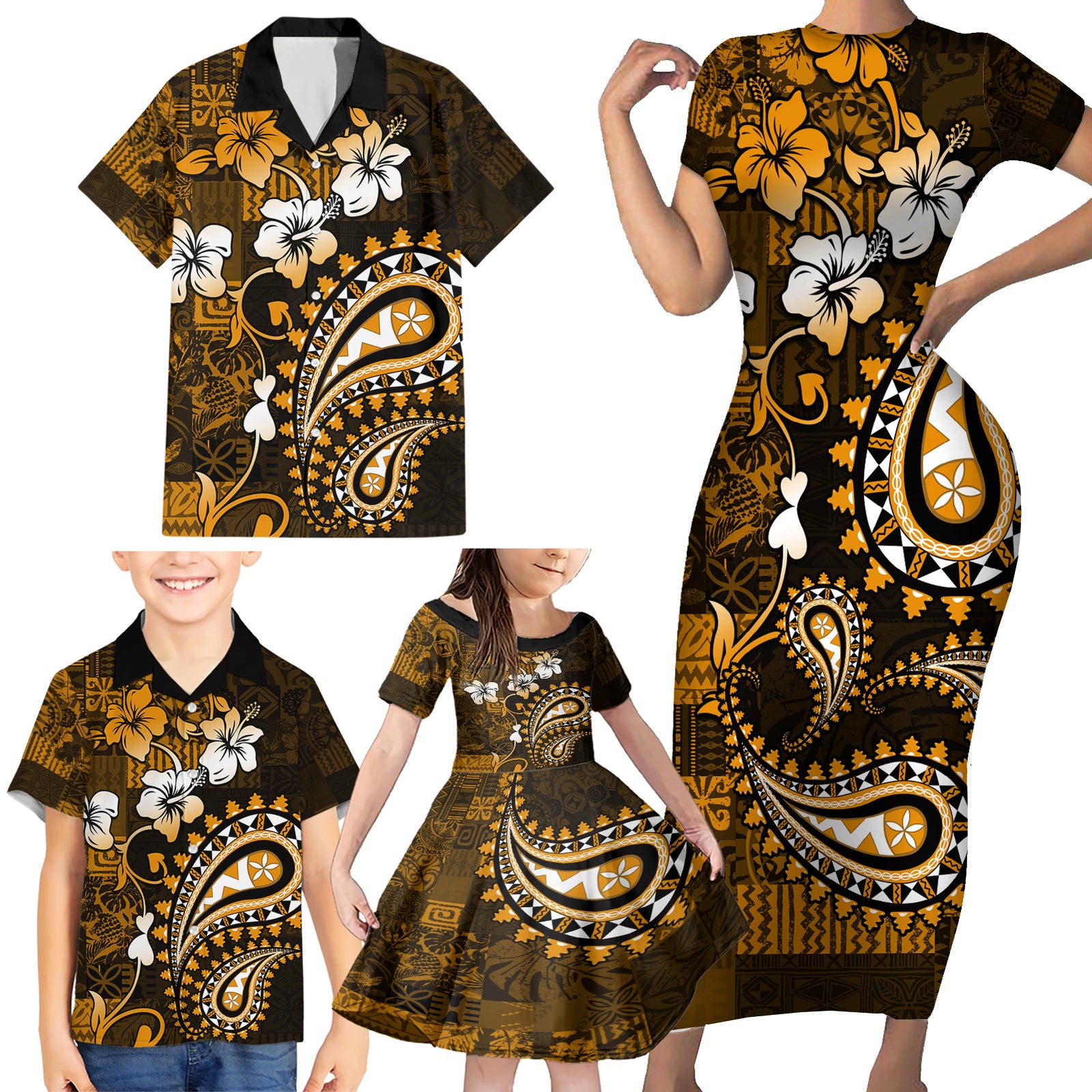 Fiji Masi Paisley With Hibiscus Tapa Family Matching Short Sleeve Bodycon Dress and Hawaiian Shirt Gold Version LT01 - Polynesian Pride