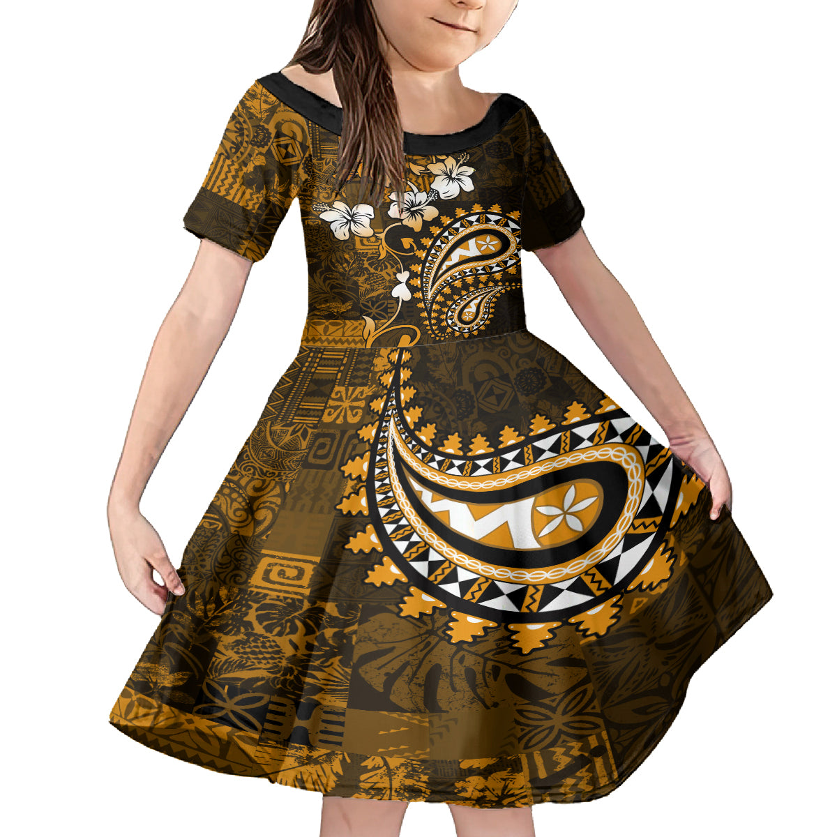 Fiji Masi Paisley With Hibiscus Tapa Family Matching Summer Maxi Dress and Hawaiian Shirt Gold Version LT01 Daughter's Dress Gold - Polynesian Pride