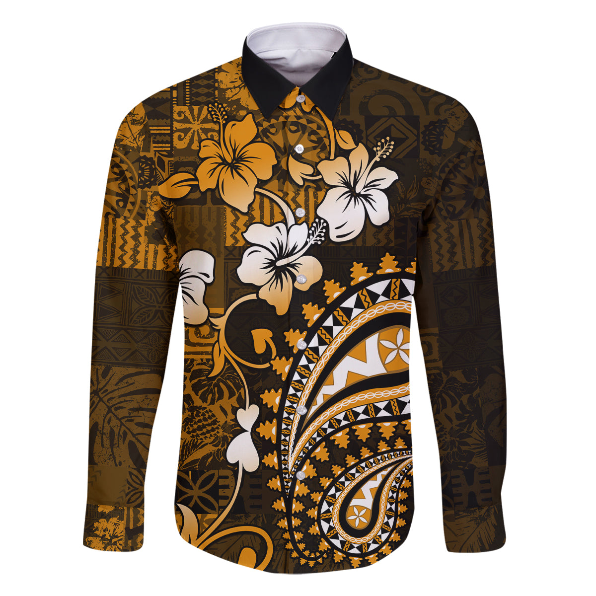 Fiji Masi Paisley With Hibiscus Tapa Family Matching Tank Maxi Dress and Hawaiian Shirt Gold Version LT01 Dad's Shirt - Long Sleeve Gold - Polynesian Pride