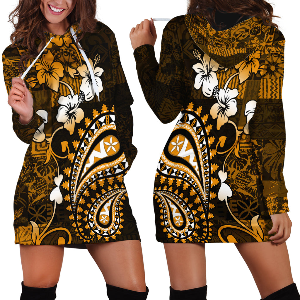 Fiji Masi Paisley With Hibiscus Tapa Hoodie Dress Gold Version LT01 - Polynesian Pride
