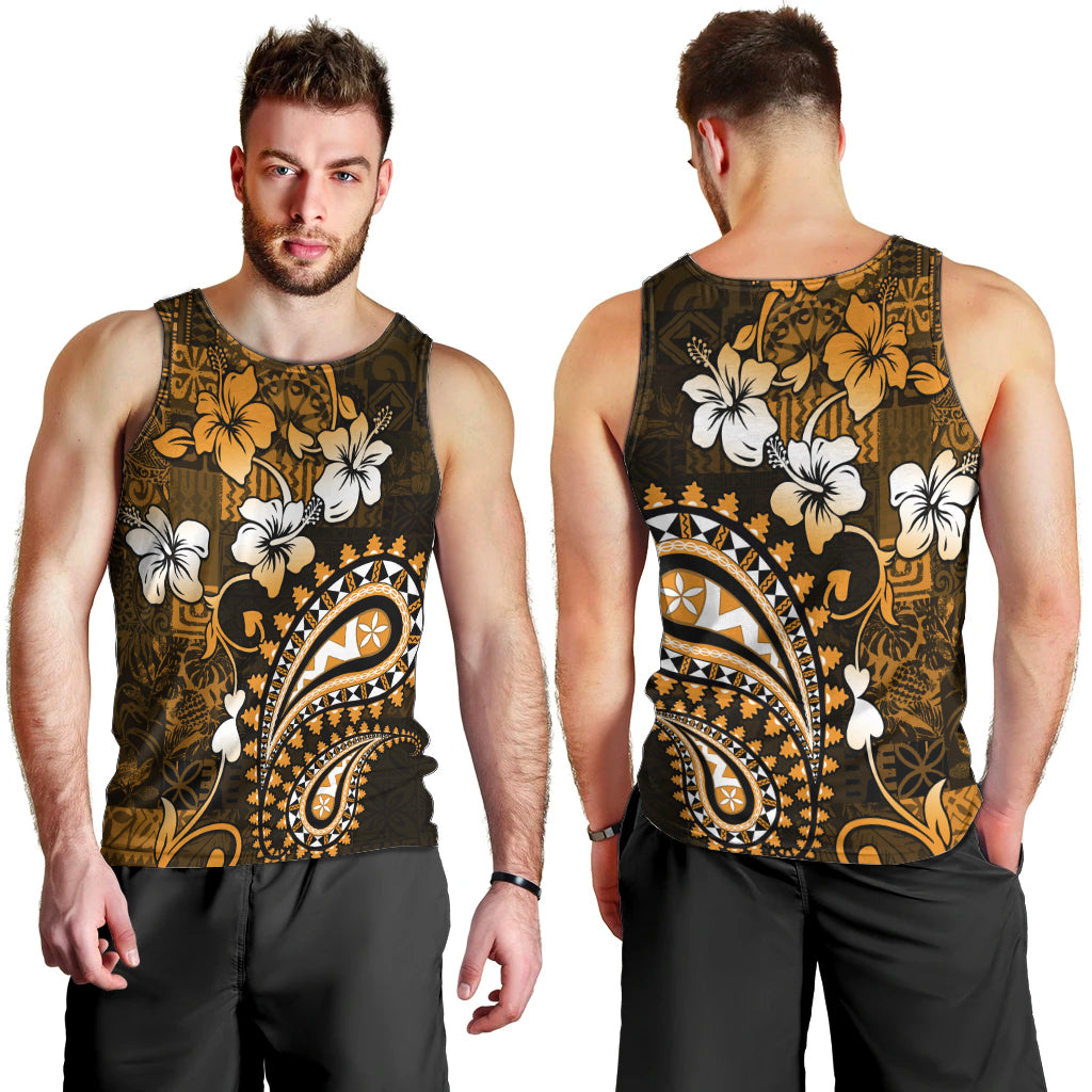 Fiji Masi Paisley With Hibiscus Tapa Men Tank Top Gold Version LT01 - Polynesian Pride