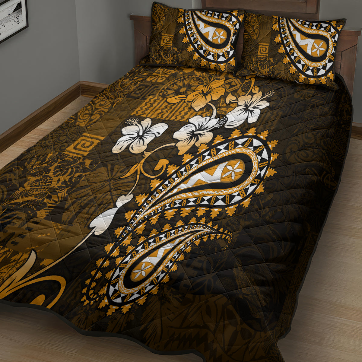 Fiji Masi Paisley With Hibiscus Tapa Quilt Bed Set Gold Version LT01 - Polynesian Pride