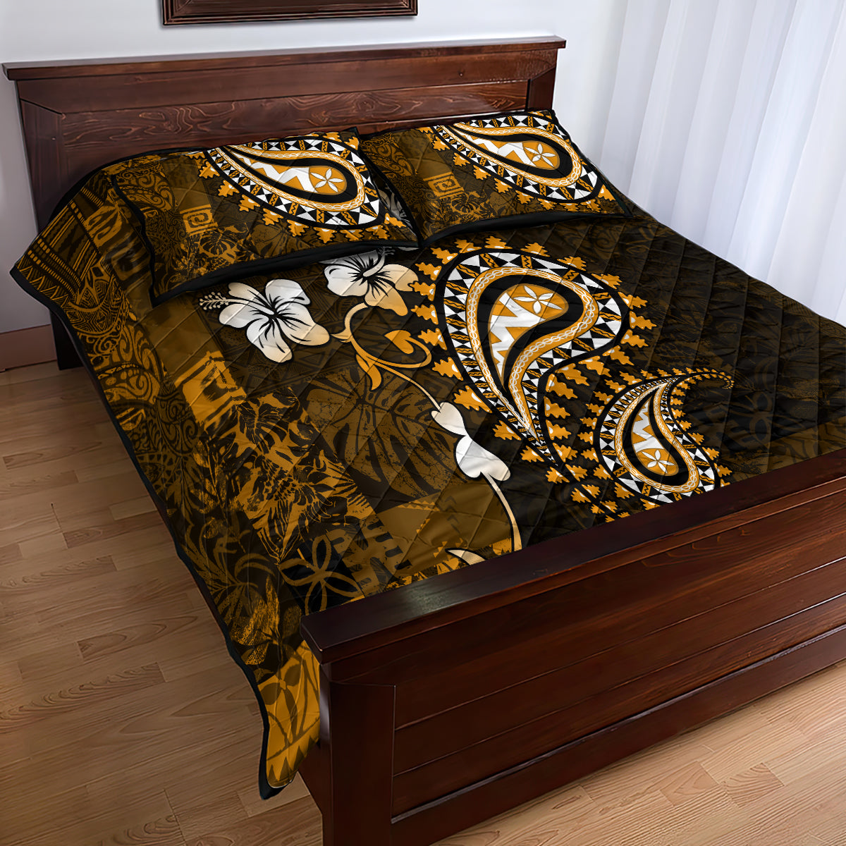 Fiji Masi Paisley With Hibiscus Tapa Quilt Bed Set Gold Version LT01 - Polynesian Pride