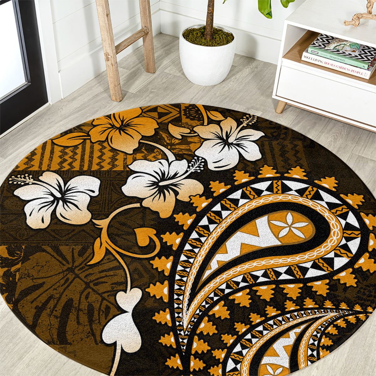 Fiji Masi Paisley With Hibiscus Tapa Round Carpet Gold Version LT01 Gold - Polynesian Pride
