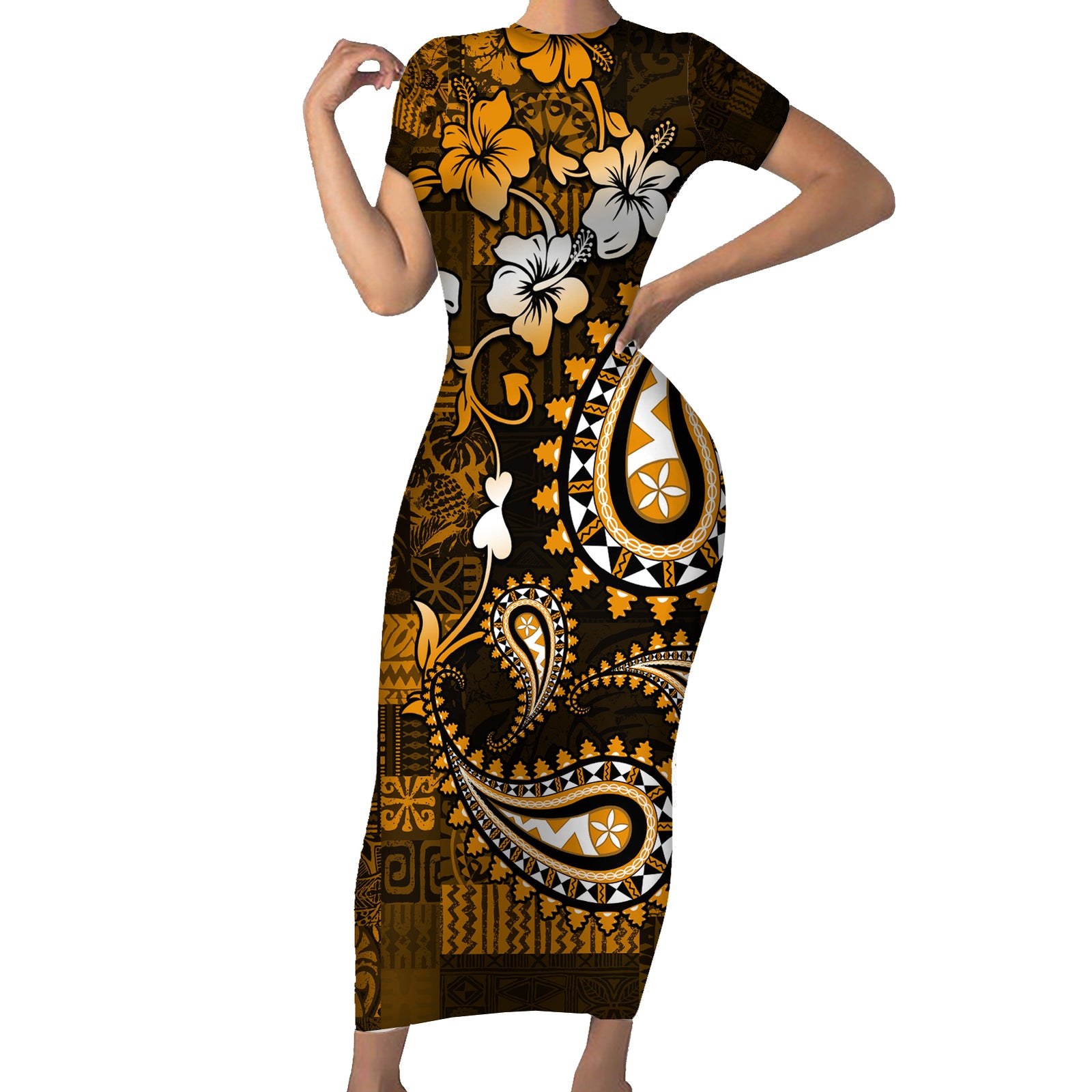 Fiji Masi Paisley With Hibiscus Tapa Short Sleeve Bodycon Dress Gold Version LT01 Long Dress Gold - Polynesian Pride