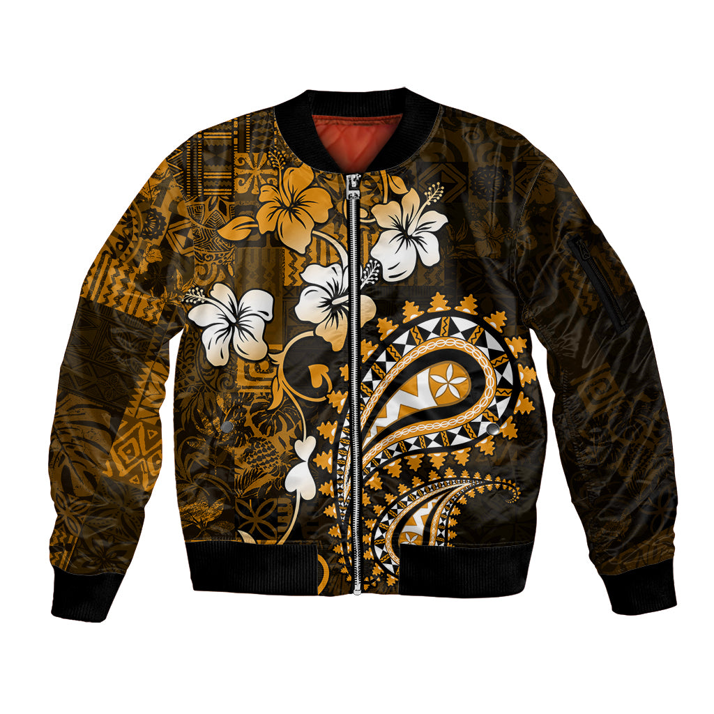 Fiji Masi Paisley With Hibiscus Tapa Sleeve Zip Bomber Jacket Gold Version LT01 Unisex Gold - Polynesian Pride