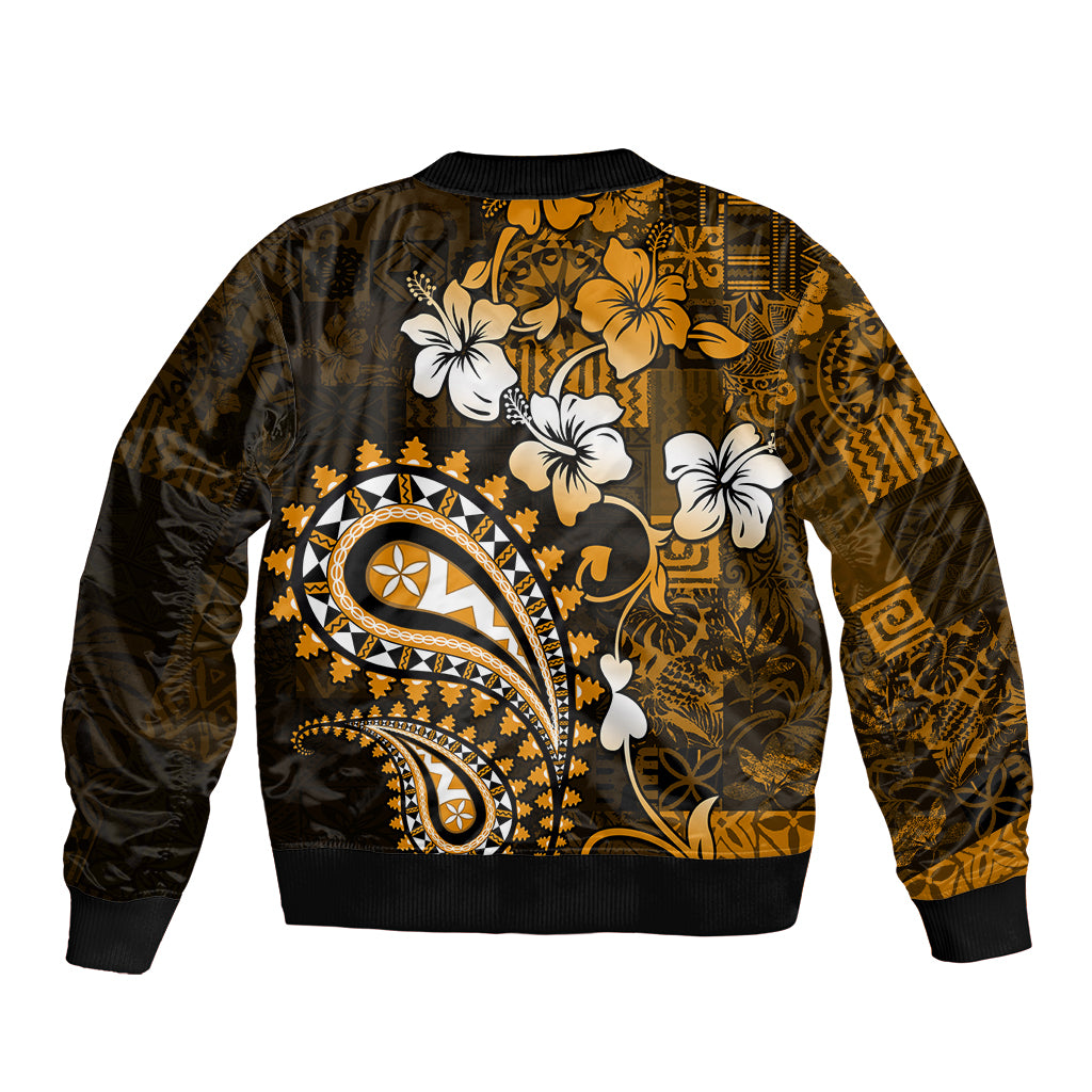 Fiji Masi Paisley With Hibiscus Tapa Sleeve Zip Bomber Jacket Gold Version LT01 - Polynesian Pride