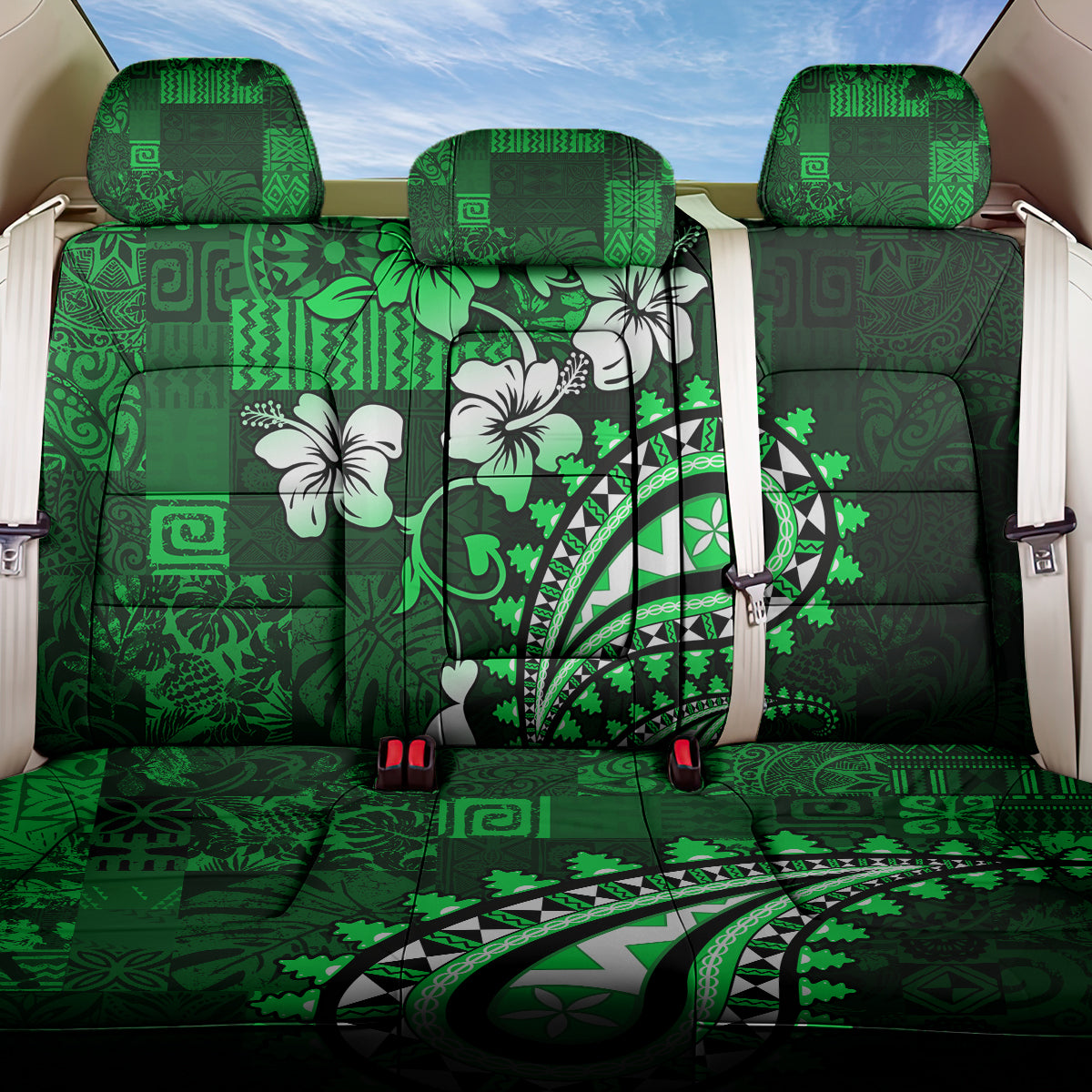 Fiji Masi Paisley With Hibiscus Tapa Back Car Seat Cover Green Version LT01 One Size Green - Polynesian Pride