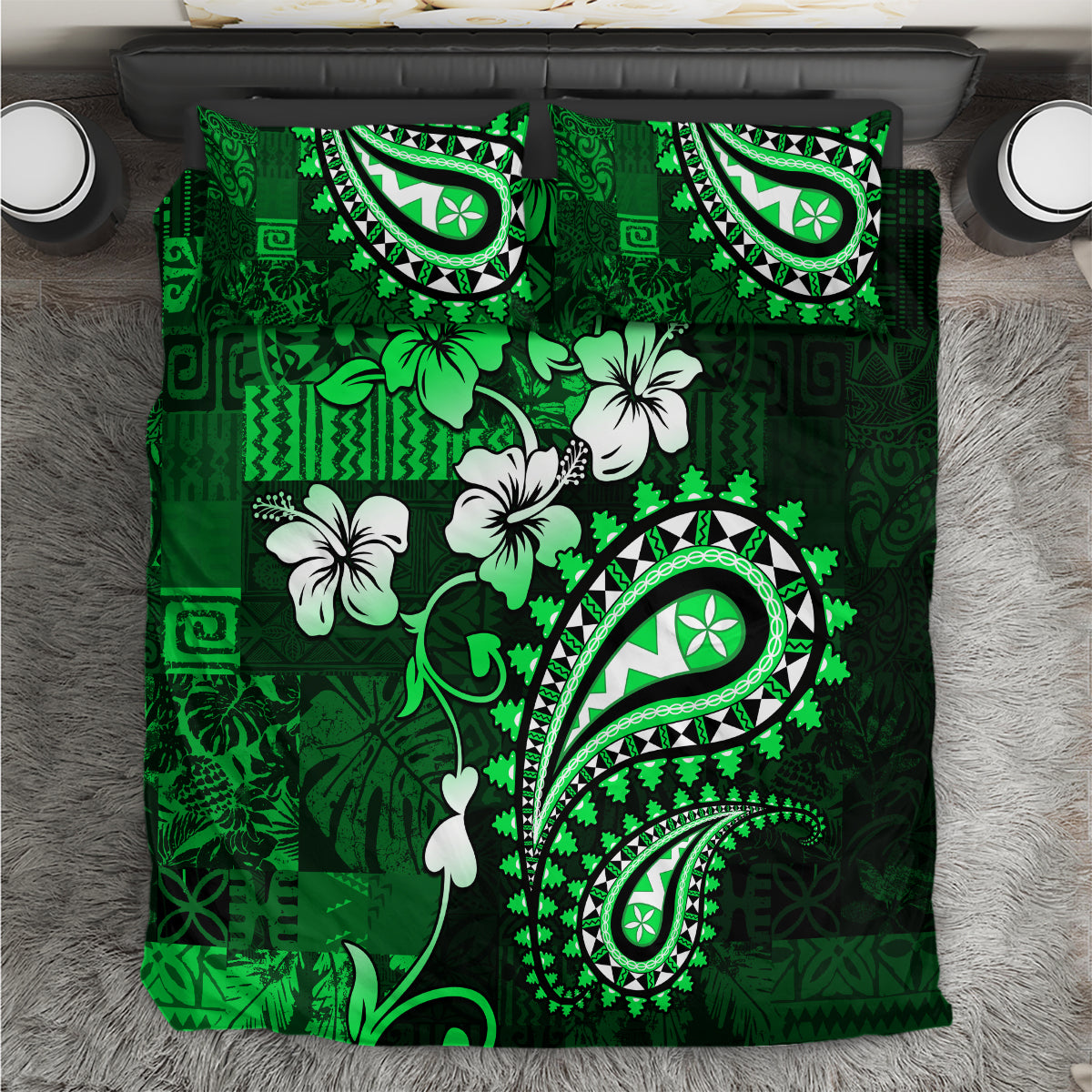 Fiji Masi Paisley With Hibiscus Tapa Bedding Set Green Version LT01 Green - Polynesian Pride