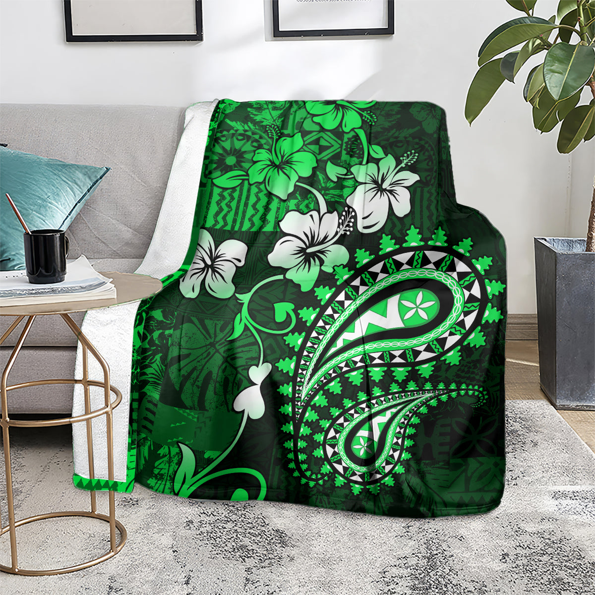Fiji Masi Paisley With Hibiscus Tapa Blanket Green Version LT01 - Polynesian Pride