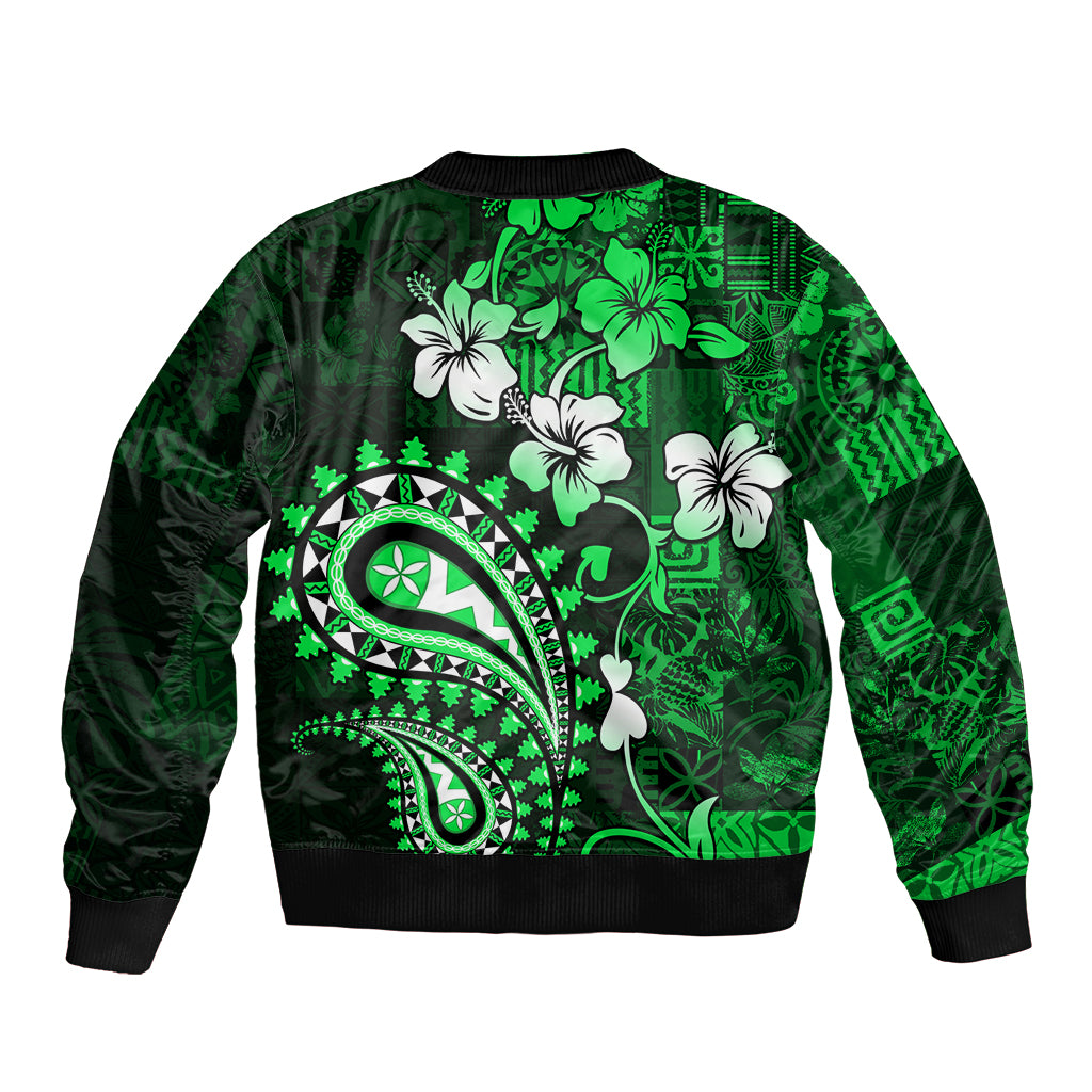Fiji Masi Paisley With Hibiscus Tapa Bomber Jacket Green Version LT01 - Polynesian Pride