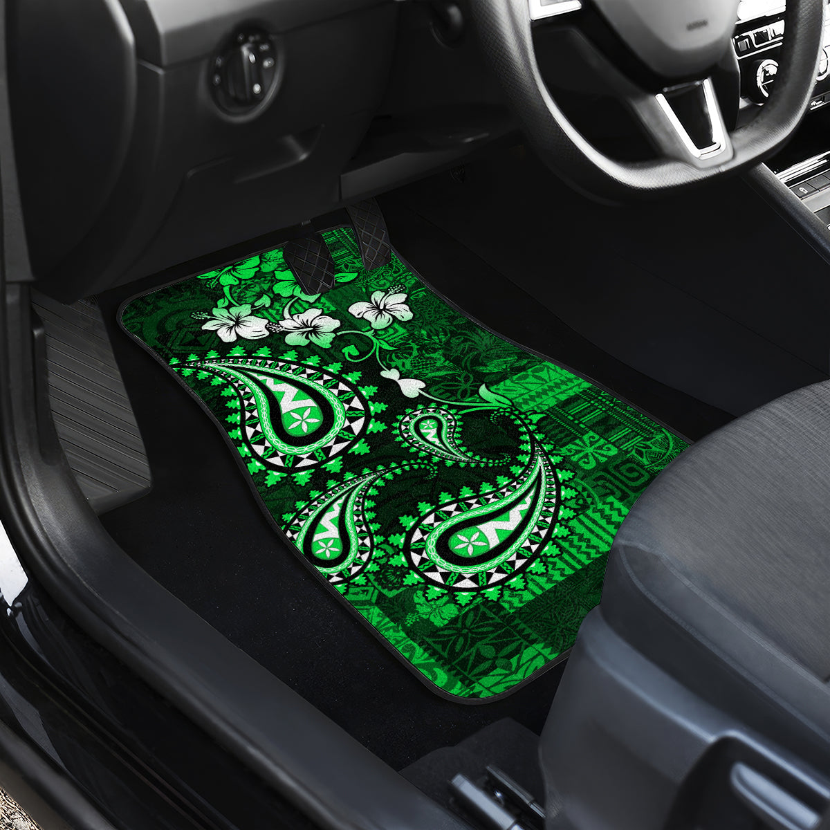 Fiji Masi Paisley With Hibiscus Tapa Car Mats Green Version LT01 - Polynesian Pride
