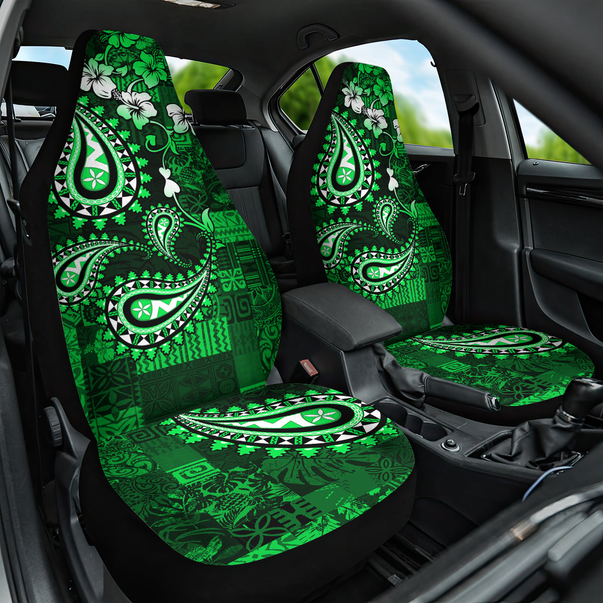Fiji Masi Paisley With Hibiscus Tapa Car Seat Cover Green Version LT01 One Size Green - Polynesian Pride