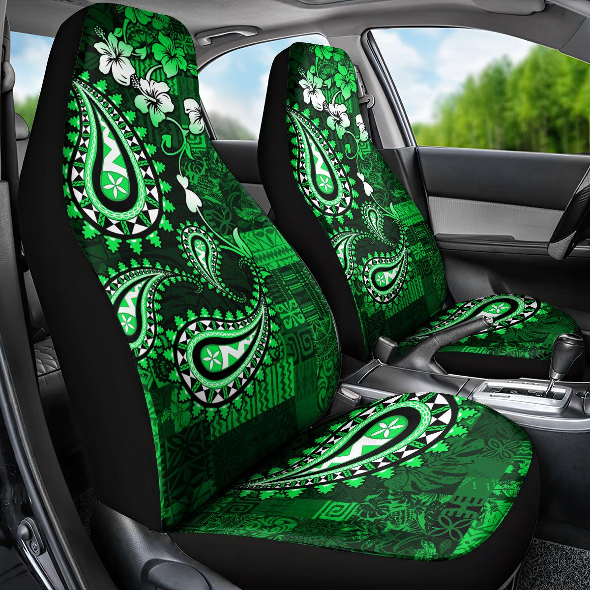 Fiji Masi Paisley With Hibiscus Tapa Car Seat Cover Green Version LT01 - Polynesian Pride